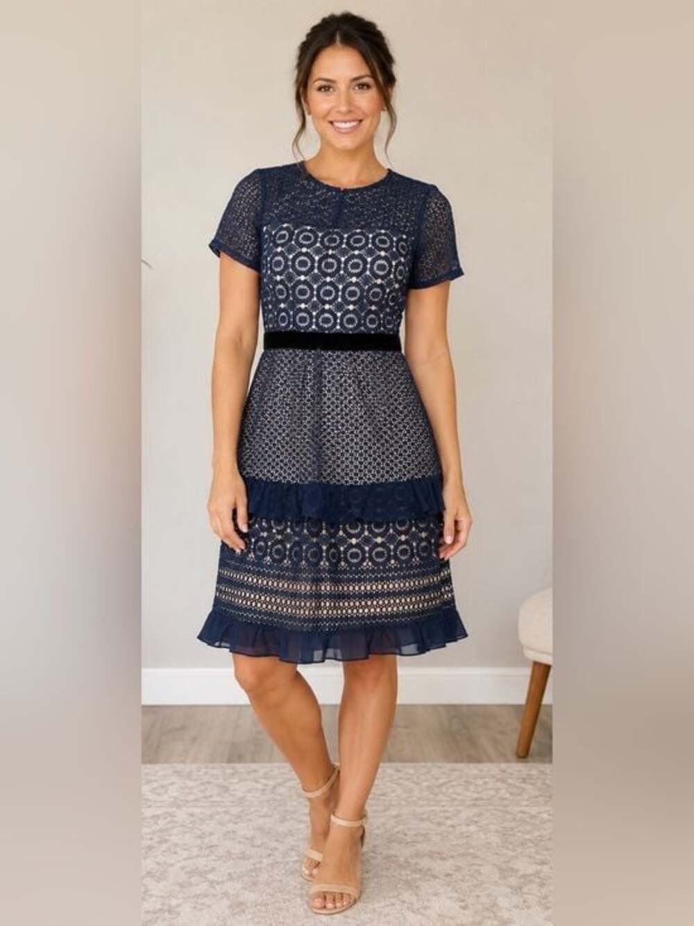 NWT Chelsea28 Navy Blue Lace Ruffle Dress Size Small